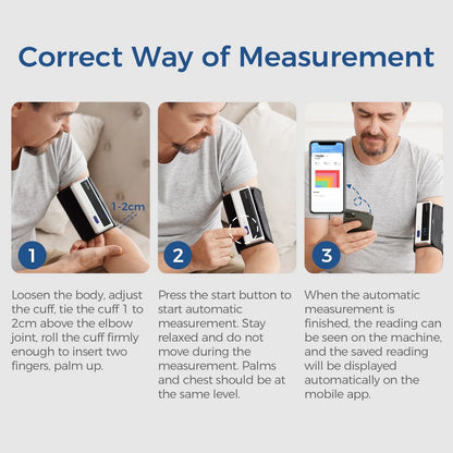 Step-by-step guide on using a blood pressure monitor with text instructions.

