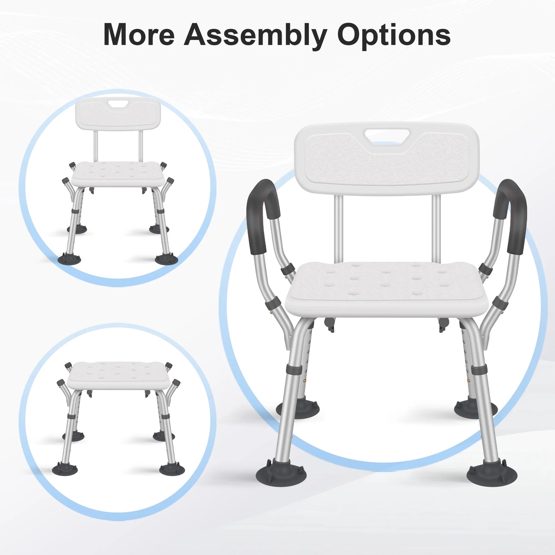 White shower chair with armrests and footrests, shown with assembly options on a white background.

