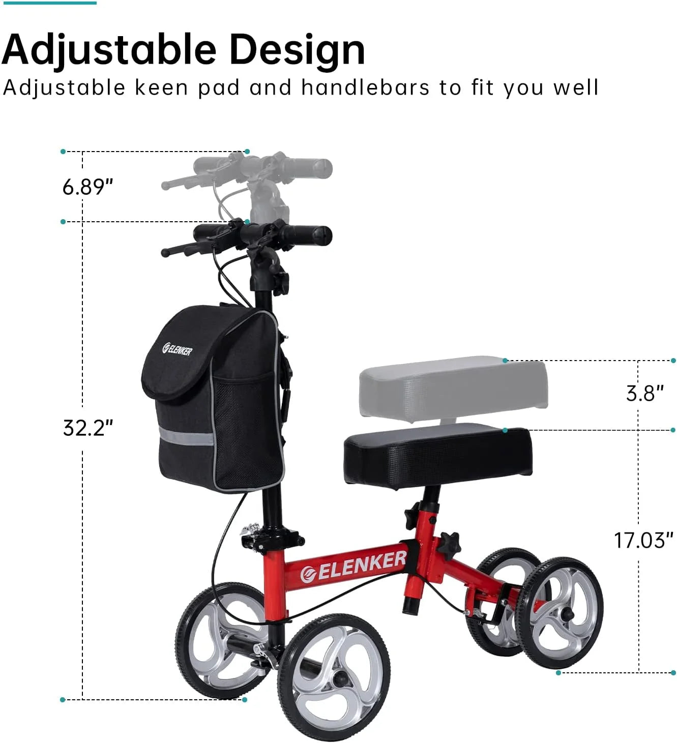 ELENKER knee scooter with adjustable features and measurements on a white background

