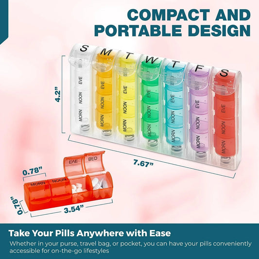 Colorful pill organizer with days of the week labels, showing compact and portable design.

