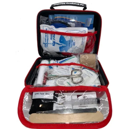 Open first aid kit with various supplies on a white background