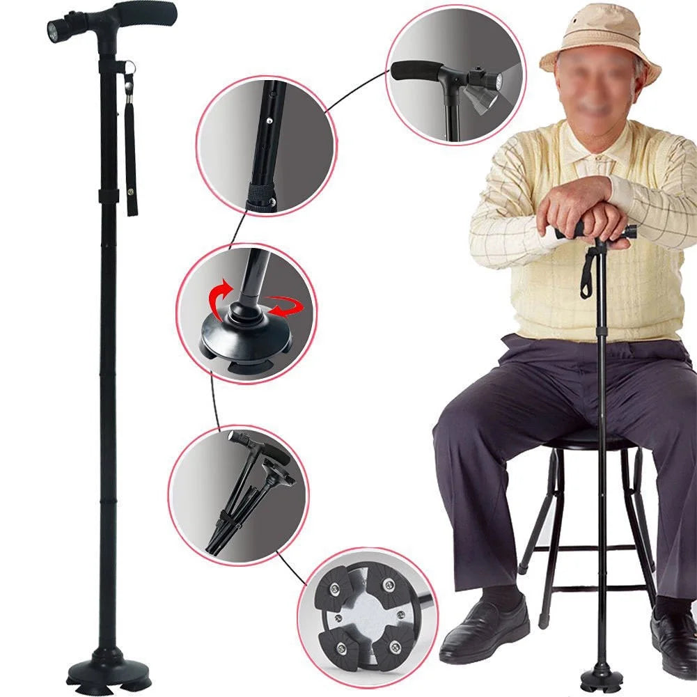 Adjustable walking cane with multiple components and a person using it.

