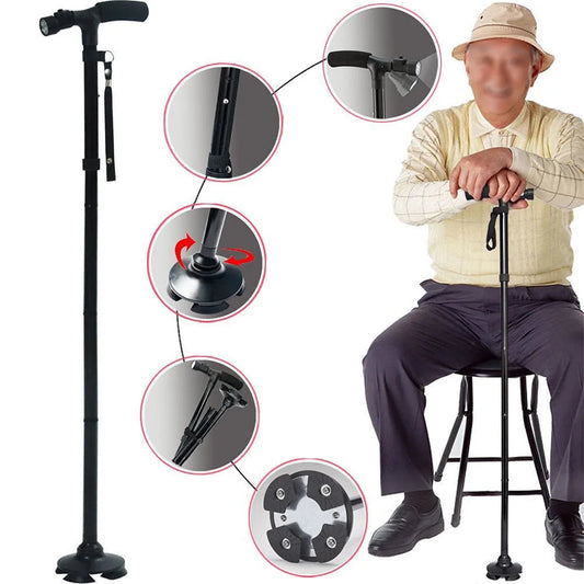 Adjustable walking cane with multiple components and a person using it.

