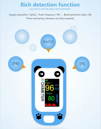 Panda-shaped oximeter with monitoring indicators on a blue background