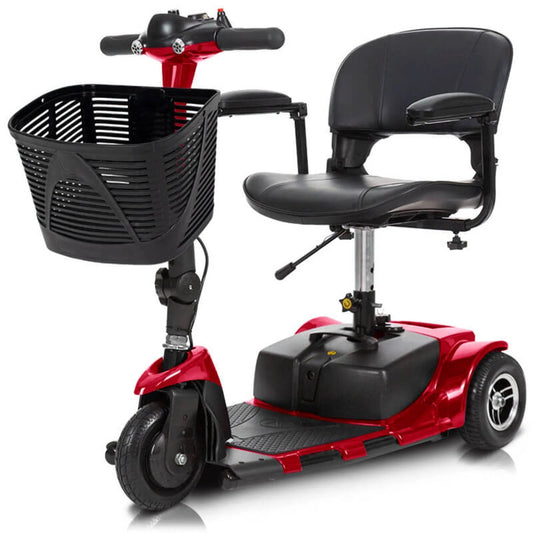 Red and black mobility scooter with a basket on a white background