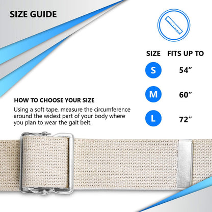 Gait belt size guide with measurement instructions and size chart.