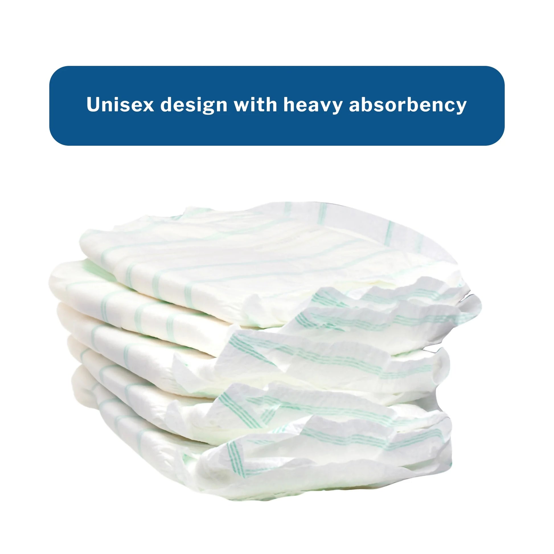 Stack of unisex absorbent products with text on a white background