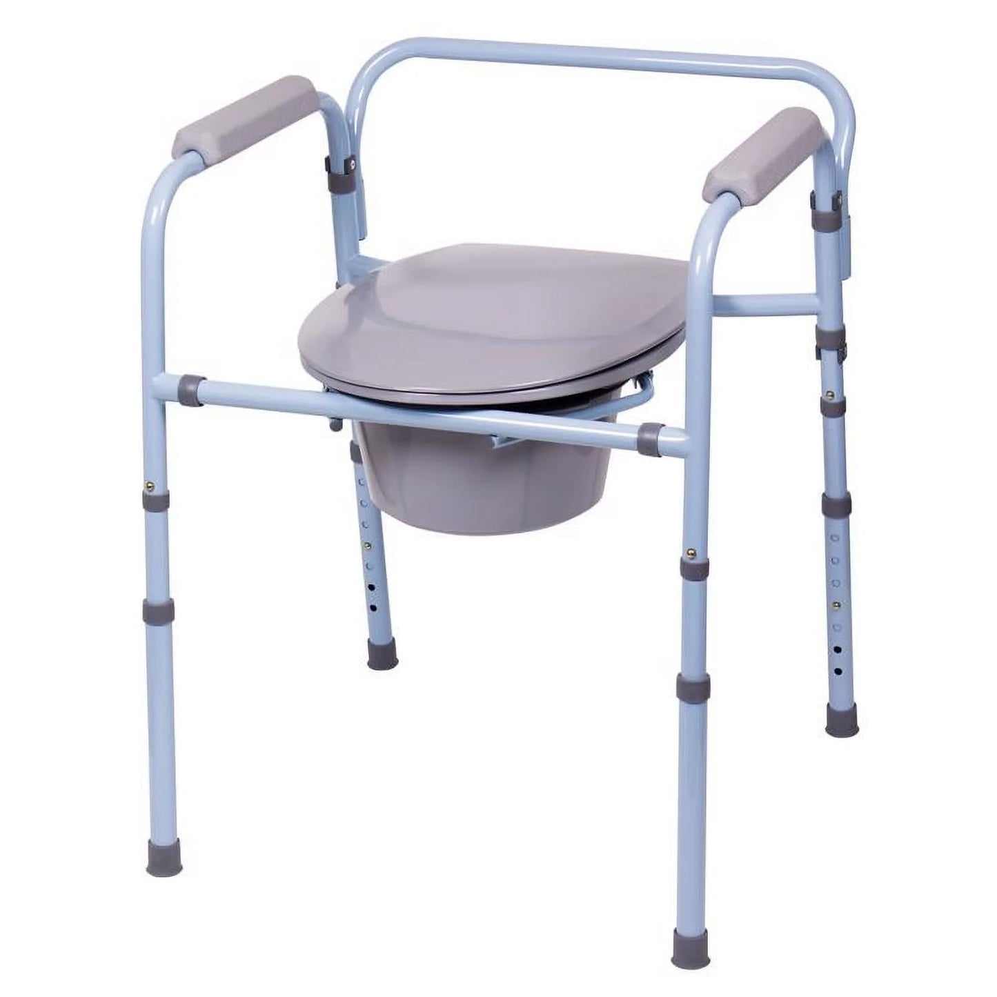 Carex 3-in-1 Bedside Commode with removable bucket. Functions as a portable toilet, raised seat, or safety frame for home mobility support.