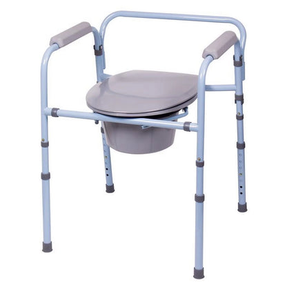 Carex 3-in-1 Bedside Commode with removable bucket. Functions as a portable toilet, raised seat, or safety frame for home mobility support.