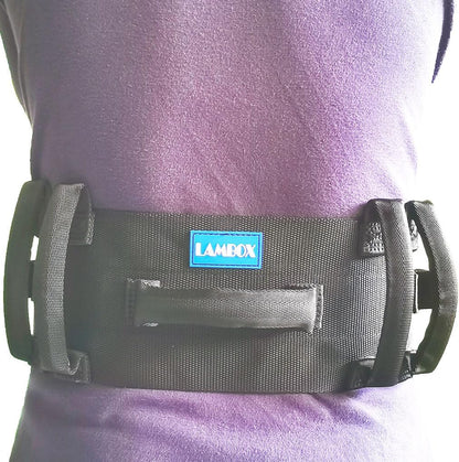 Black waist belt with a blue label on a person wearing a purple shirt.