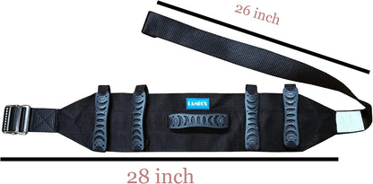Black waist belt with adjustable straps on a white background

