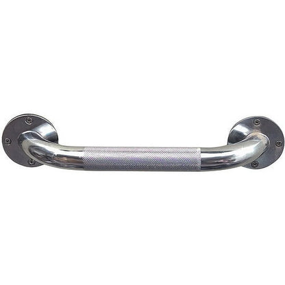 Chrome grab bar with metallic finish on a white background