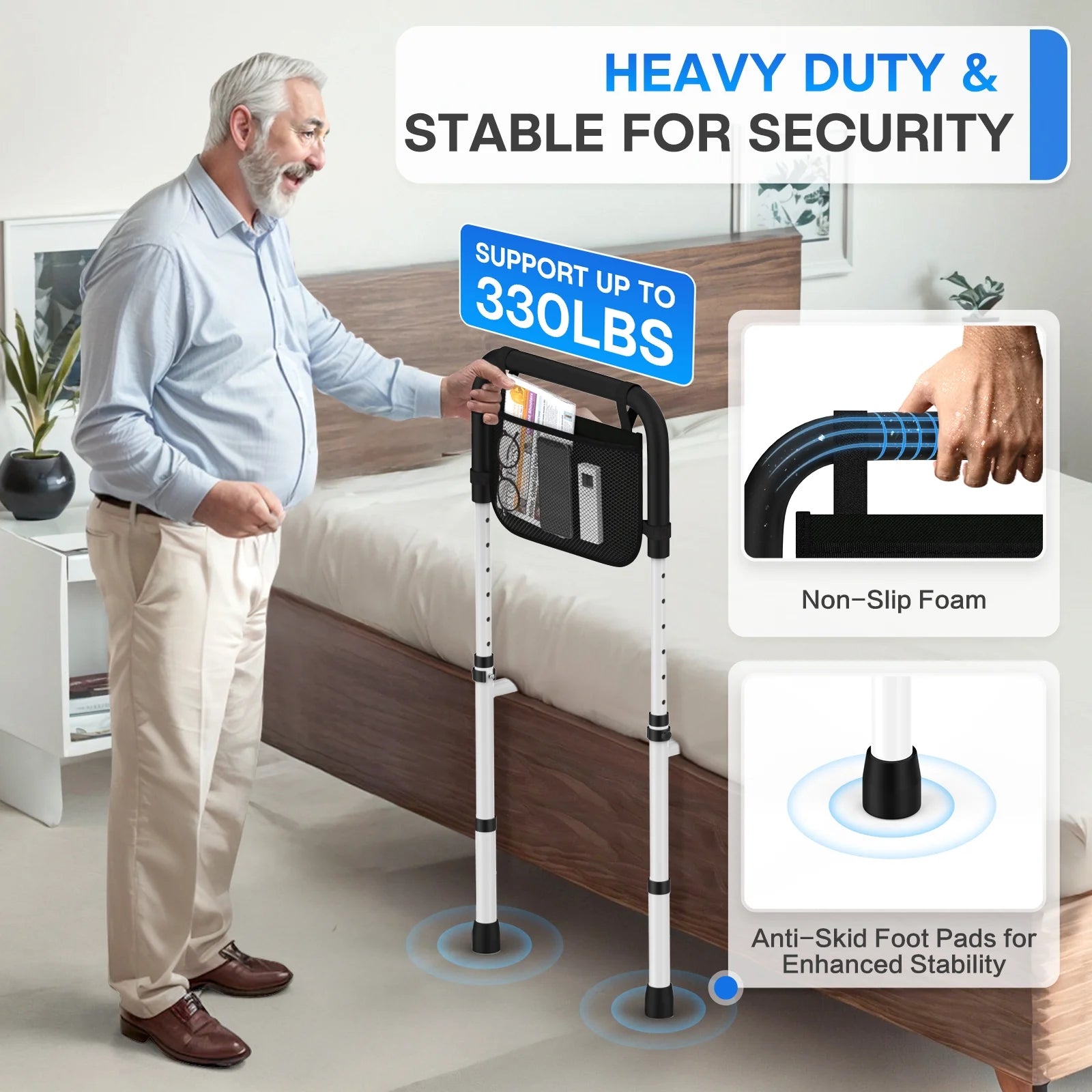 Bed Rails for Elderly Adults Safety with Leg Adjustable, Bed Cane for Seniors with Free Storage Bag and Fixing Strap