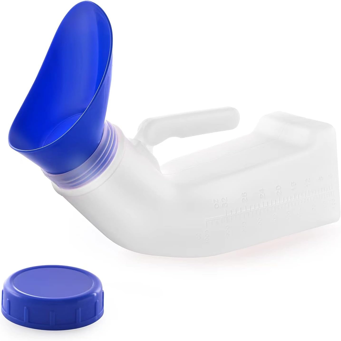 White urinal with a blue cap on a white background

