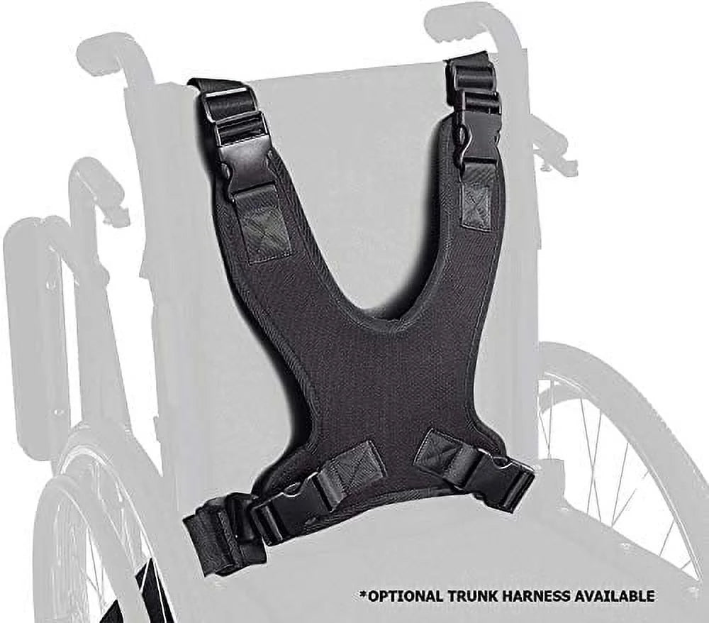 Black trunk harness on a wheelchair frame with text indicating it is an optional accessory.


