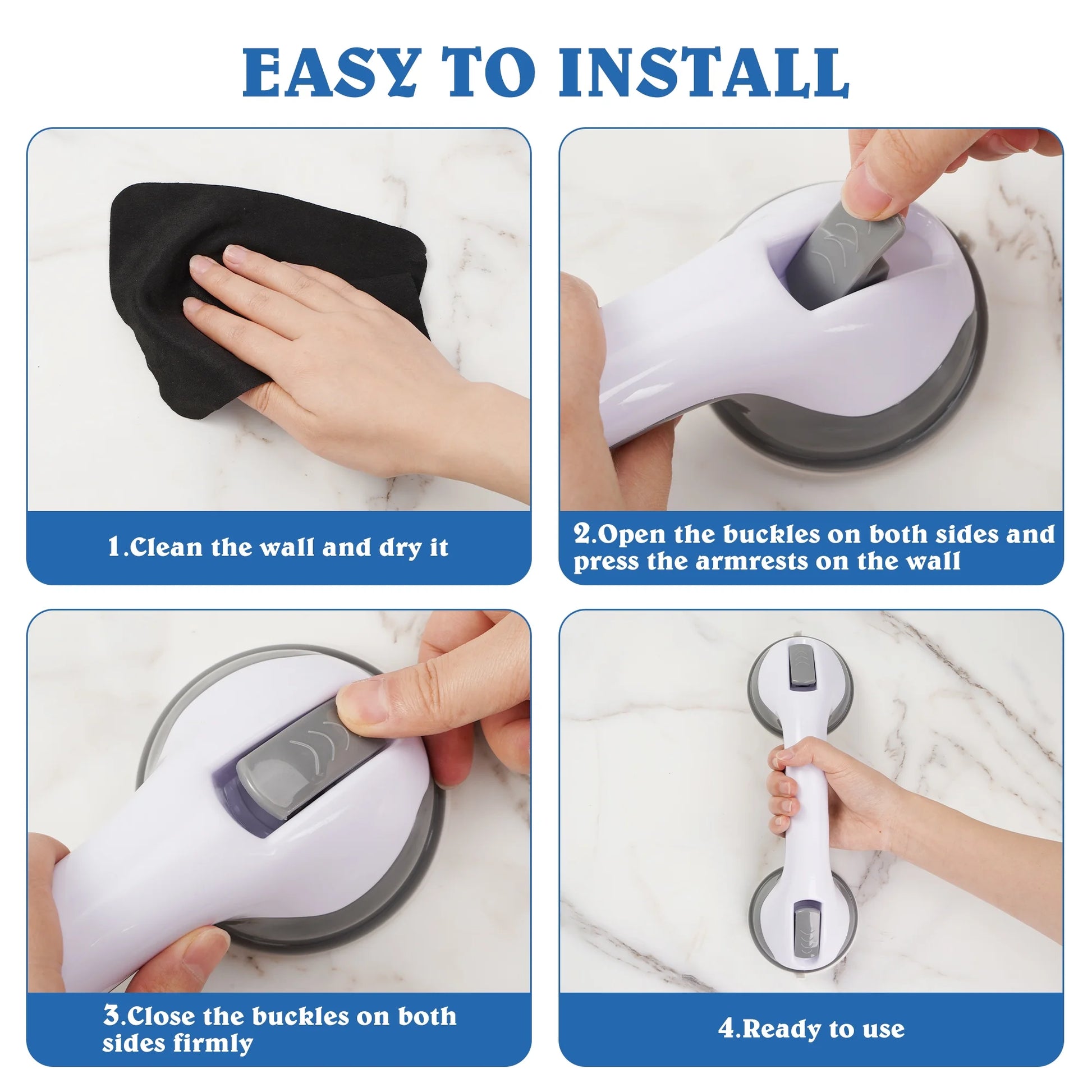 Step-by-step guide on how to install a handle on a wall with text 'EASY TO INSTALL'.


