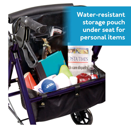 Stroller with water-resistant storage pouch under seat containing various items.

