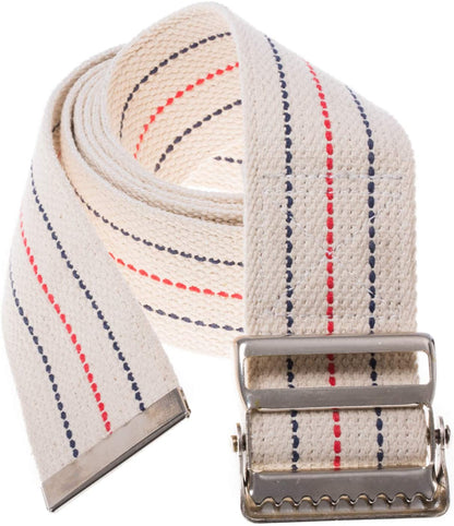 Beige belt with red and blue striped pattern and silver buckle on a white background

