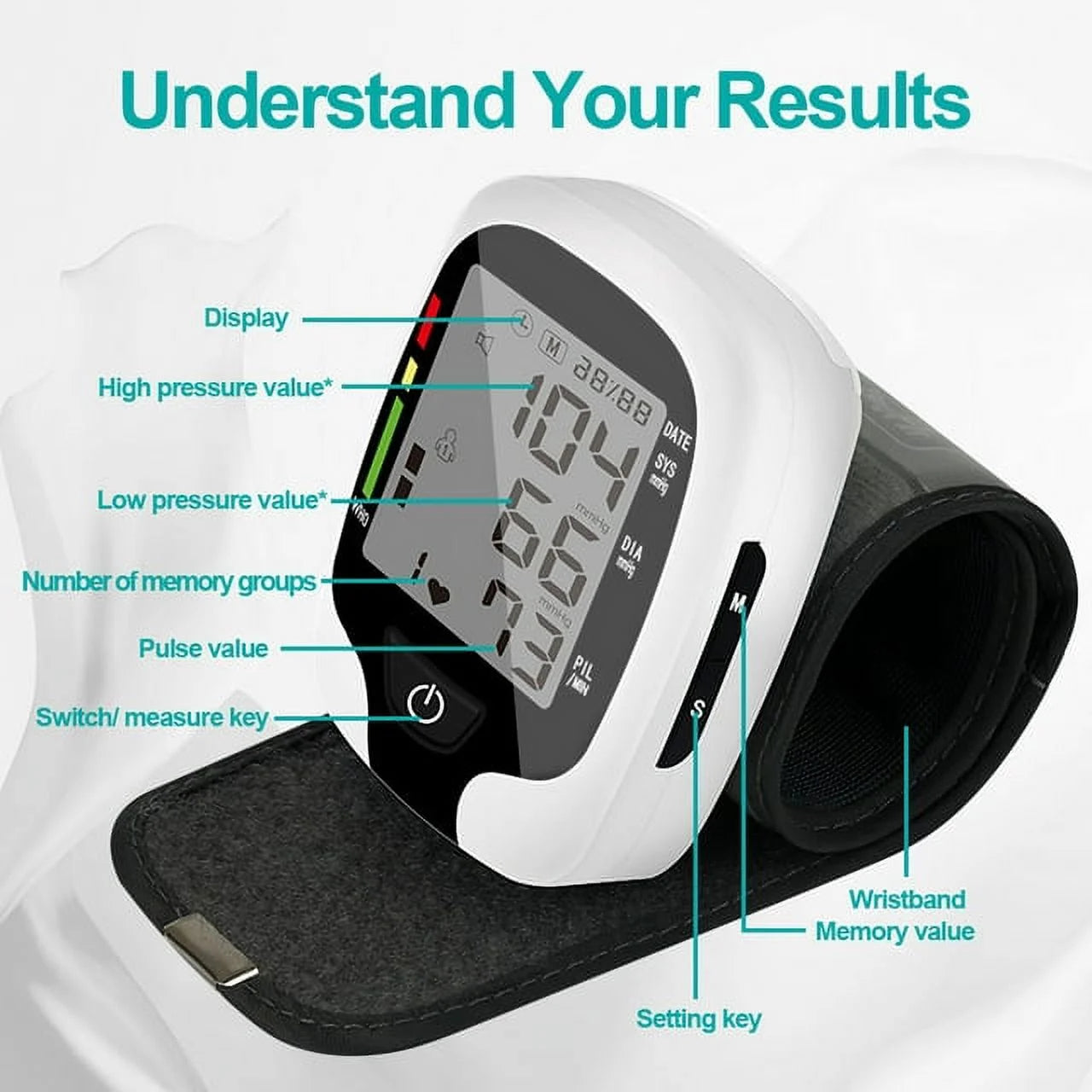 Digital blood pressure monitor with labeled parts on a white background

