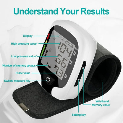 Digital blood pressure monitor with labeled parts on a white background


