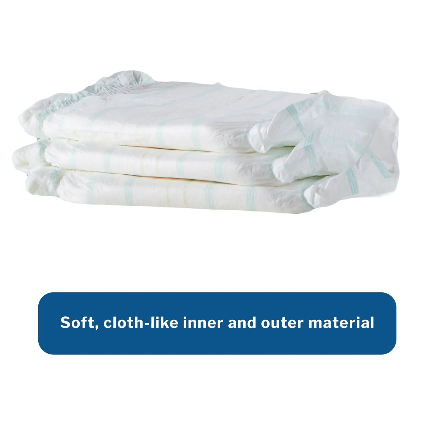 Stack of white baby diapers with a blue label on a white background