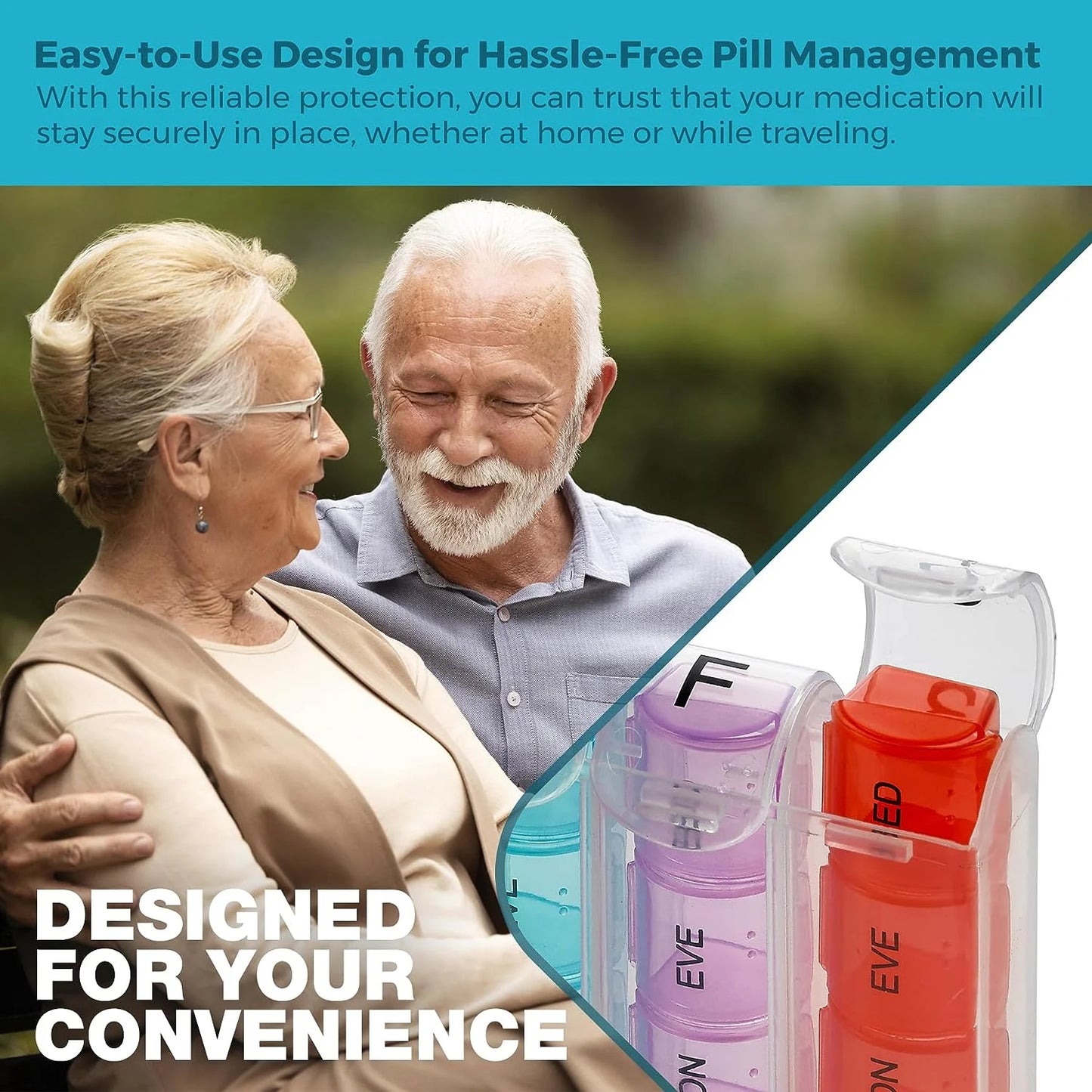 Advertisement for pill management system with elderly couple and colorful pill containers.

