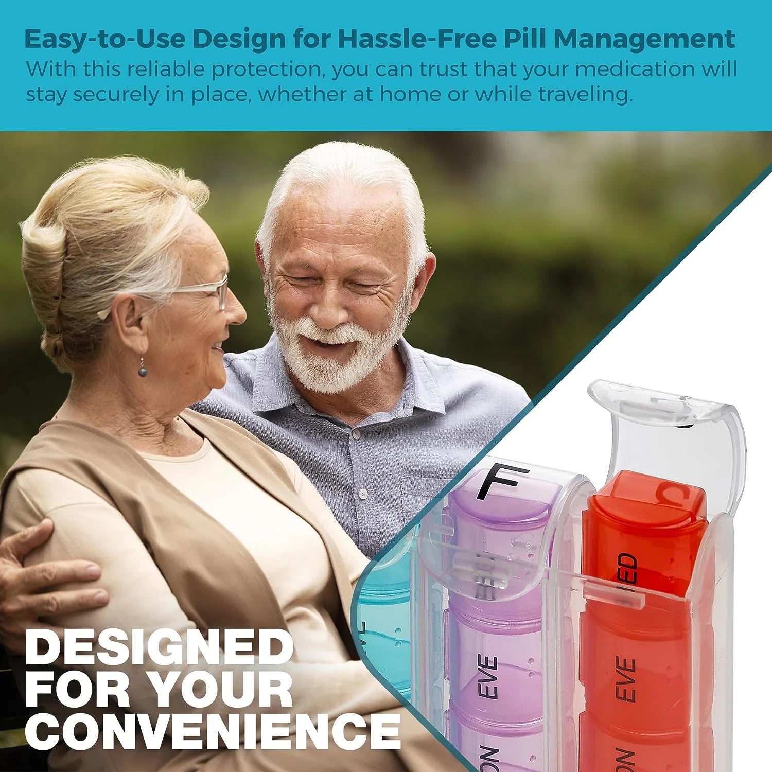 Advertisement for pill management system with elderly couple and colorful pill containers.

