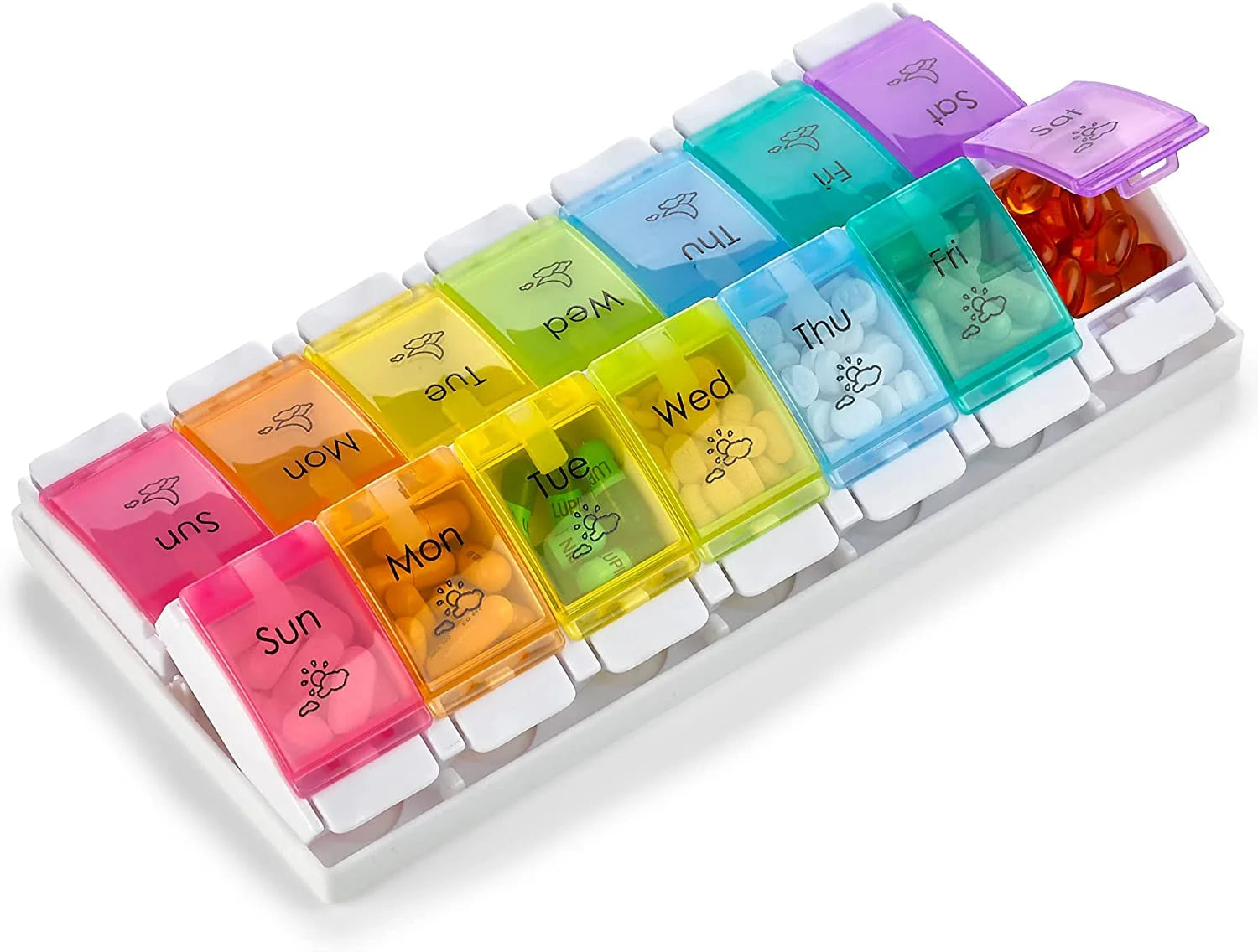 Multicolored weekly pill organizer on a white background

