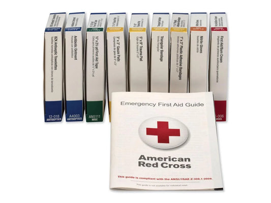 American Red Cross emergency first aid guide with multiple first aid kits on a white background

