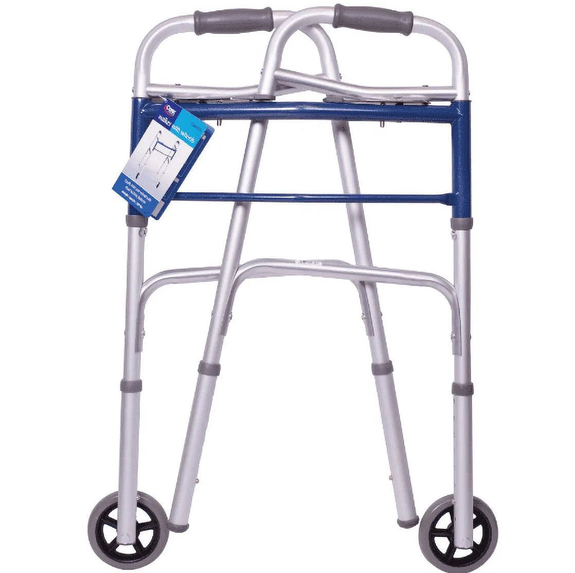 Silver walker with wheels and gray handles on a white background

