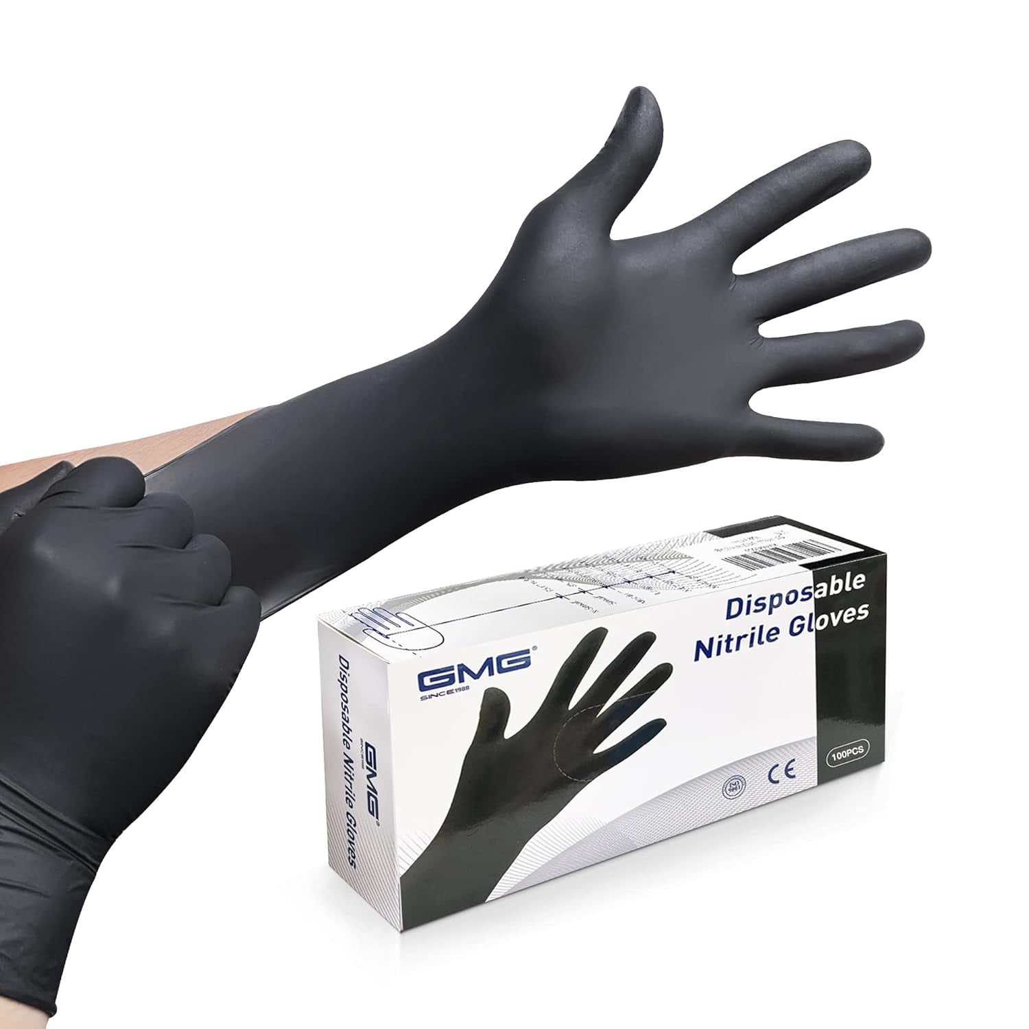 Box of GMG black nitrile gloves, large size. Latex-free, powder-free, 100-count for medical and hygiene use.