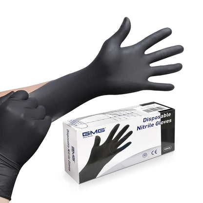 Box of GMG black nitrile gloves, large size. Latex-free, powder-free, 100-count for medical and hygiene use.