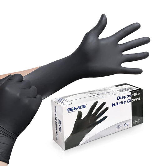 Box of GMG black nitrile gloves, large size. Latex-free, powder-free, 100-count for medical and hygiene use.