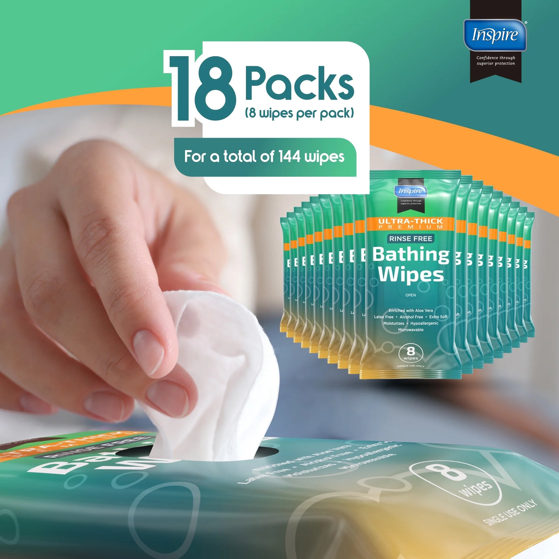 Packaging of Inspire bathing wipes with a hand reaching for a wipe, displayed against a green and orange background.
