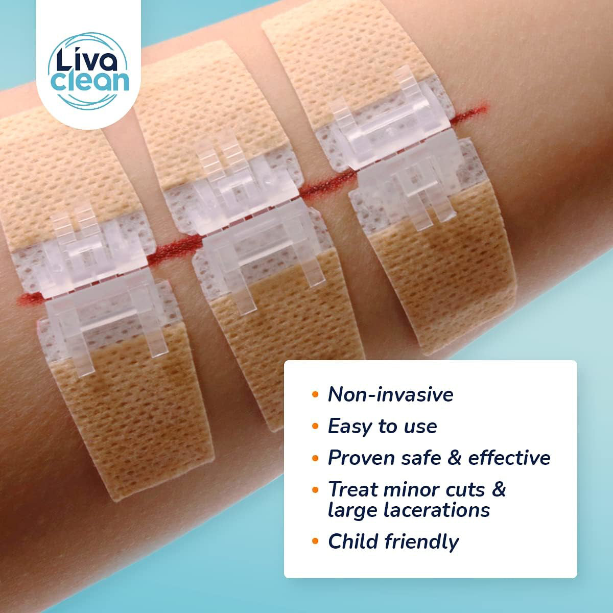 Bandages on a wrist with Liva Clean branding and product features listed.

