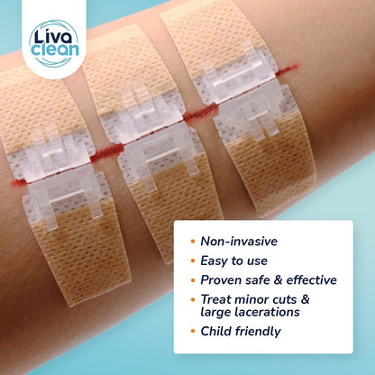Bandages on a wrist with Liva Clean branding and product features listed.

