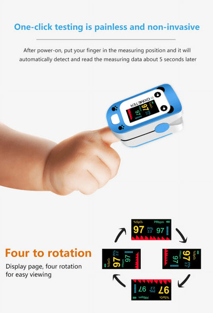 Finger pulse oximeter being used on a child's finger with text about ease of use and display options.