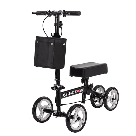 Black knee walker with a seat and storage bag on a white background, featuring the Elenker brand.

