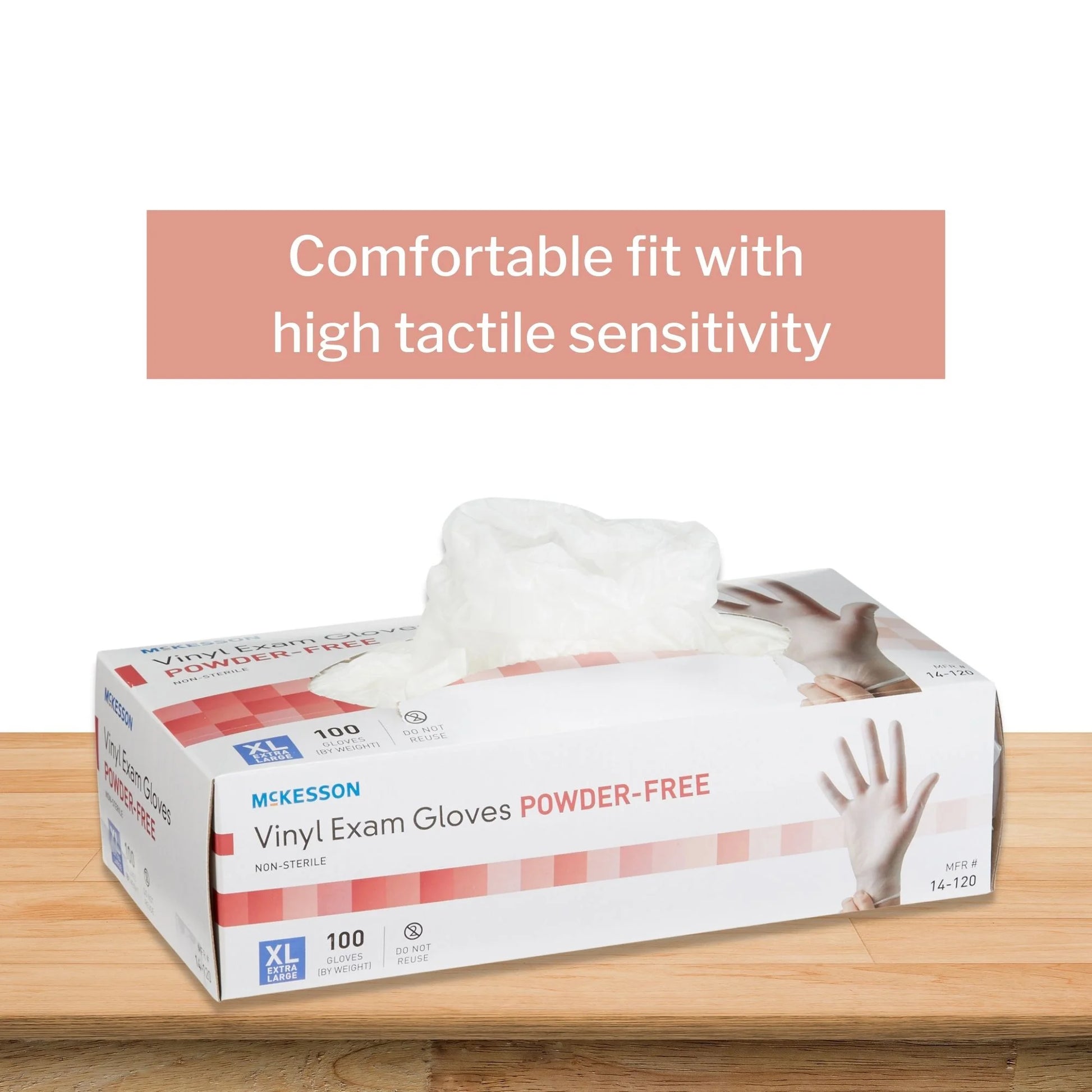 Box of McKesson XL vinyl exam gloves. Latex-free, powder-free, 100-count for medical, hygiene, and caregiver use.