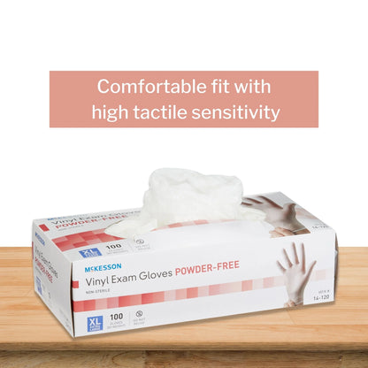 Box of McKesson XL vinyl exam gloves. Latex-free, powder-free, 100-count for medical, hygiene, and caregiver use.