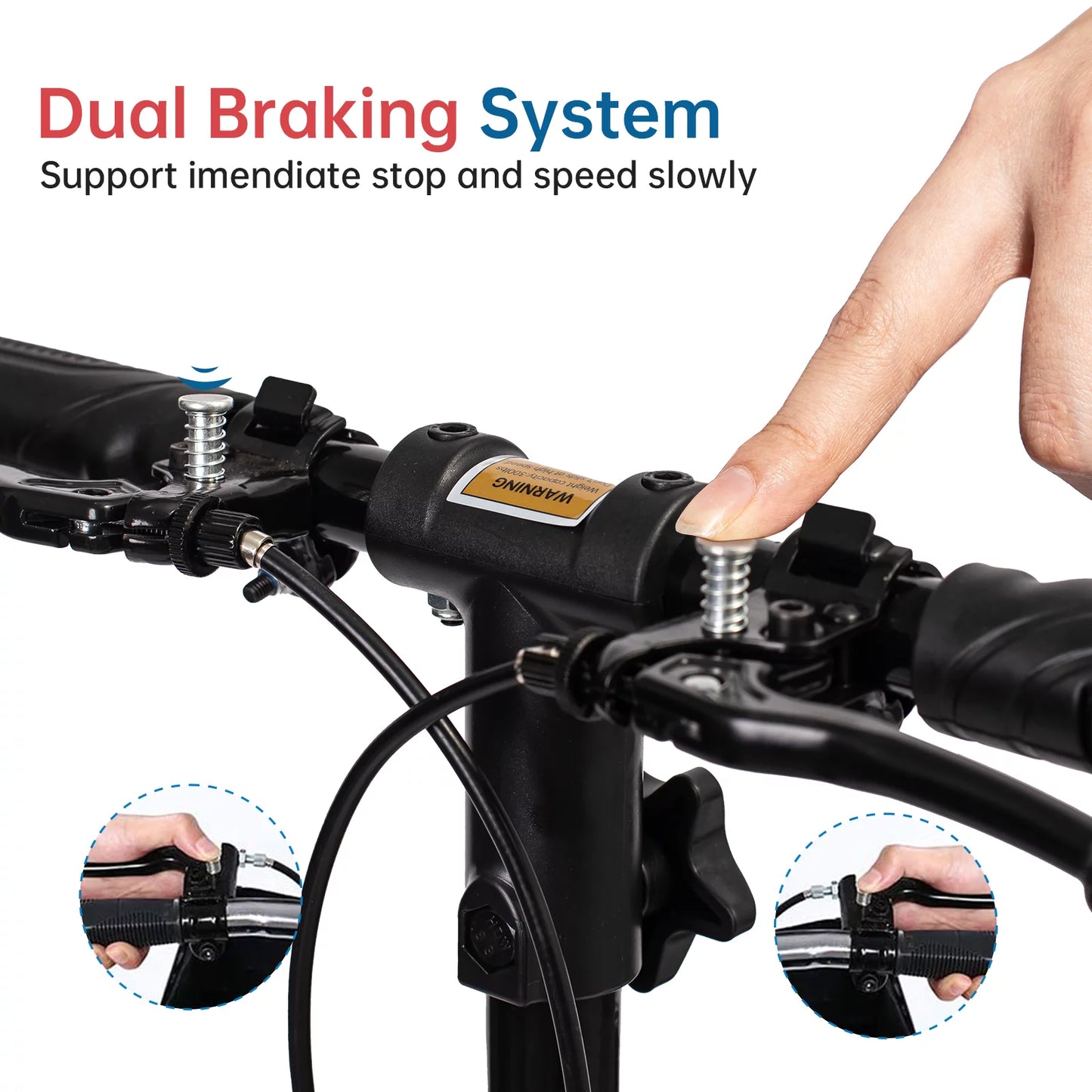 Bicycle handlebar with dual braking system and a person's hand demonstrating the use of the brakes.


