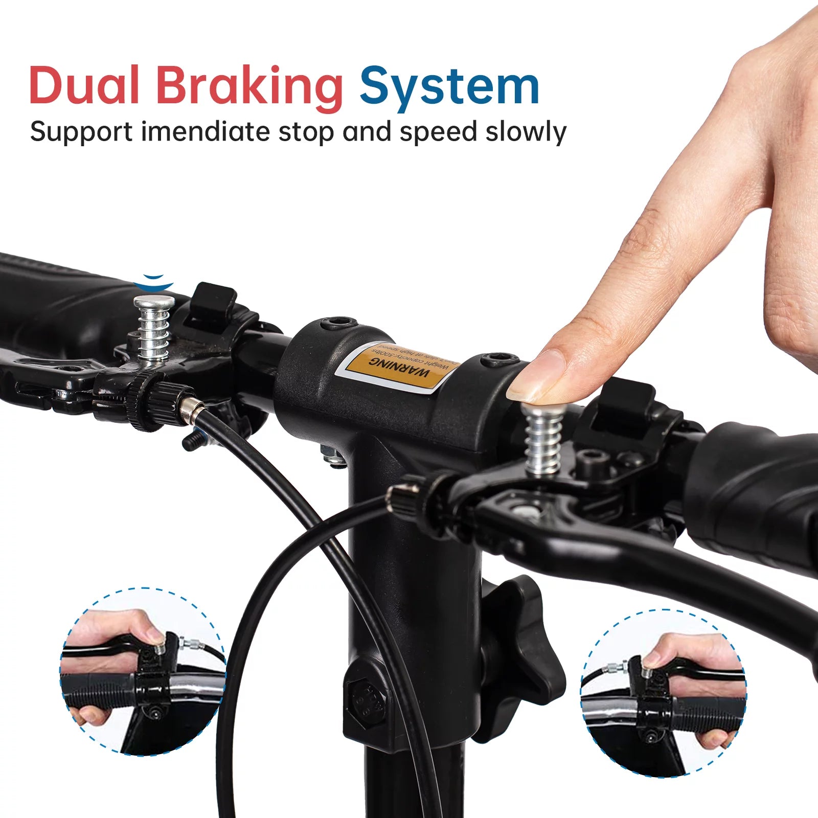 Bicycle handlebar with dual braking system and a person's hand demonstrating the use of the brakes.

