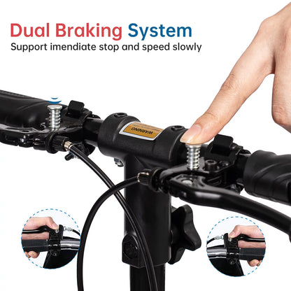Bicycle handlebar with dual braking system and a person's hand demonstrating the use of the brakes.

