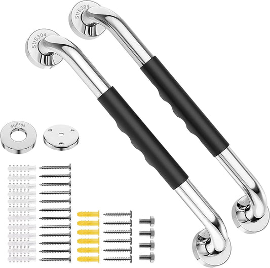 Set of bathroom safety handles with mounting hardware on a white background

