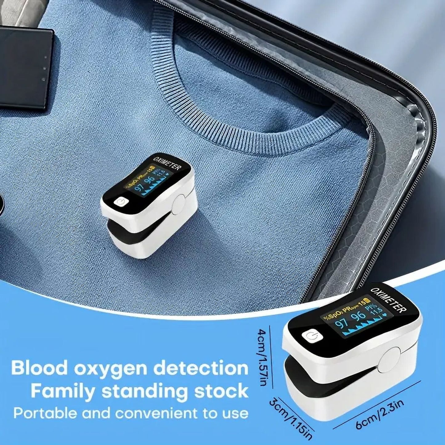 Blood oxygen detection device on a blue sweater with text about its features.

