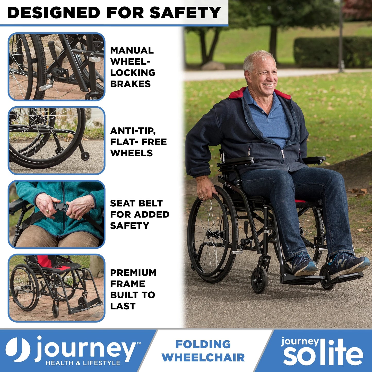 Folding wheelchair with safety features and a person using it, branded as Journey Solite.