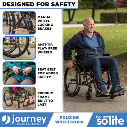 Folding wheelchair with safety features and a person using it, branded as Journey Solite.