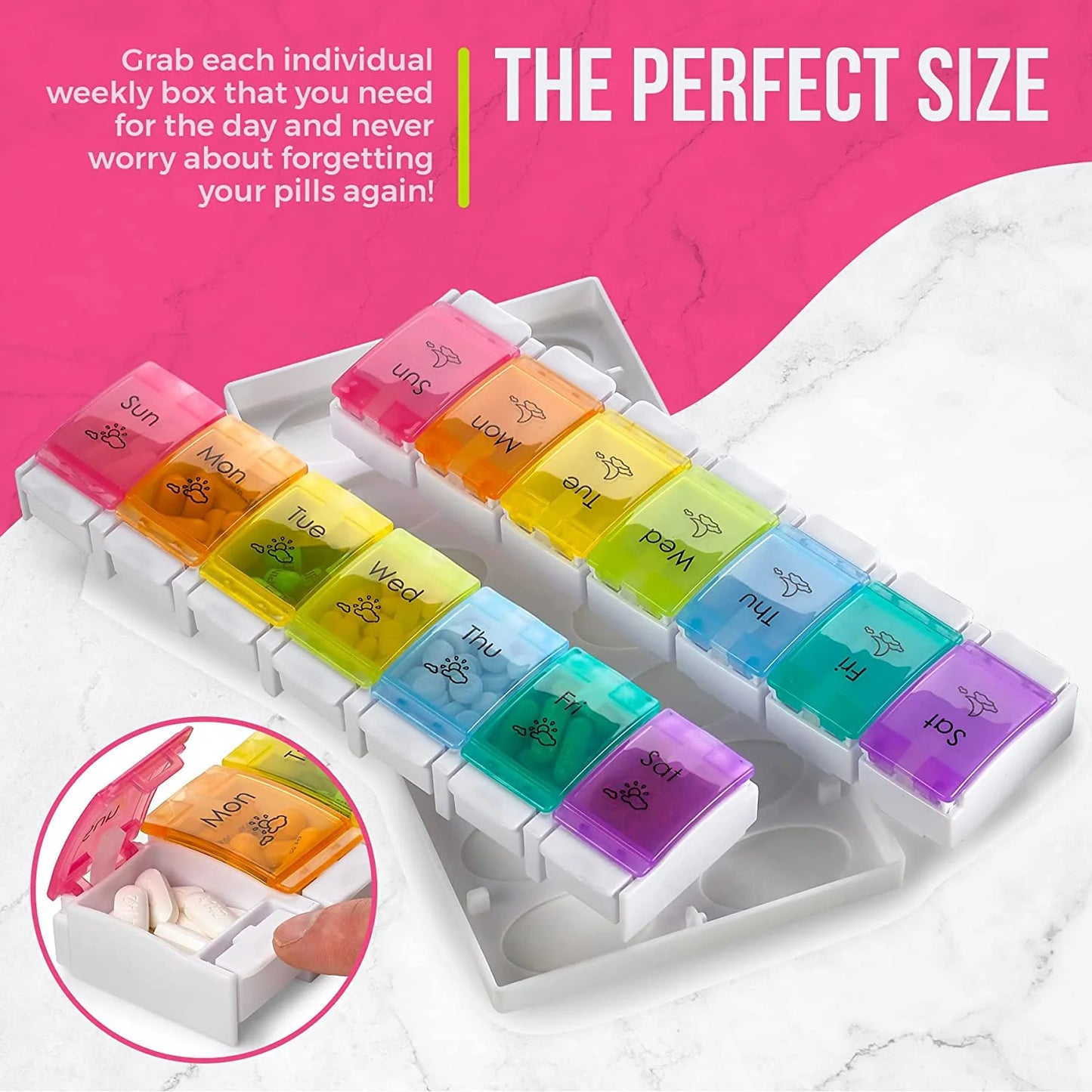 Multicolored pill organizer with labeled compartments on a pink background

