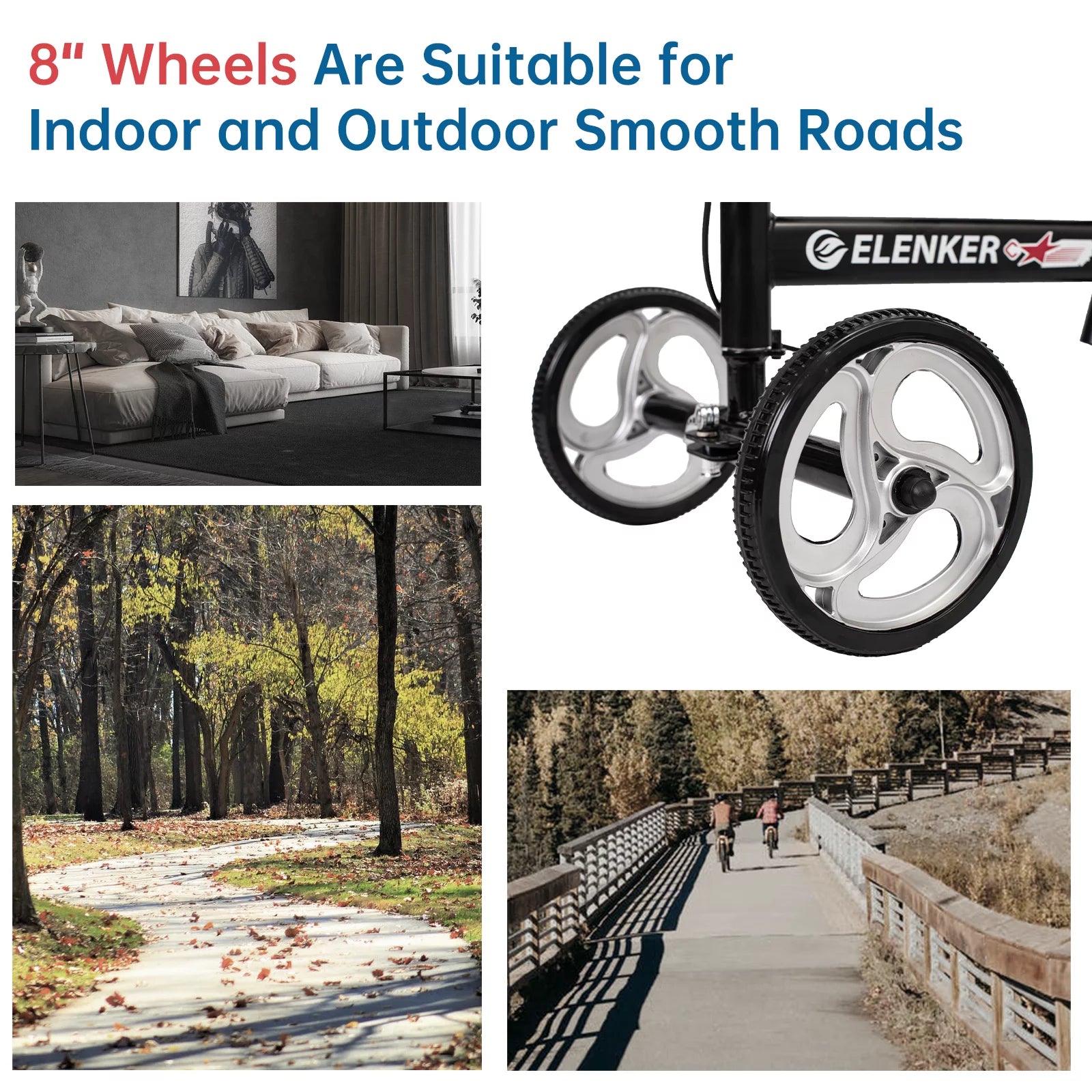 Elenker wheelchair with large wheels on a background of indoor and outdoor smooth roads.

