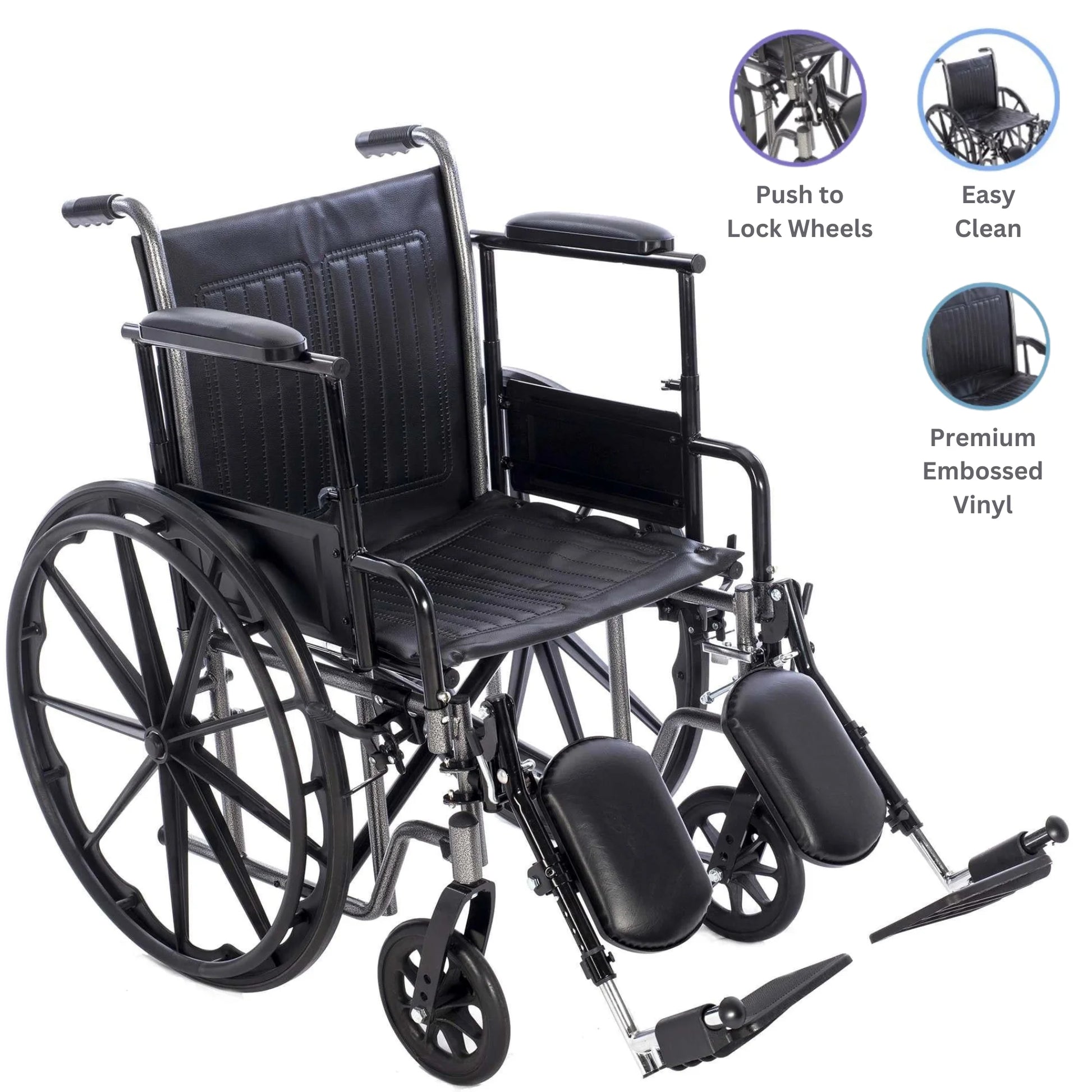 Black wheelchair with features highlighted on a white background

